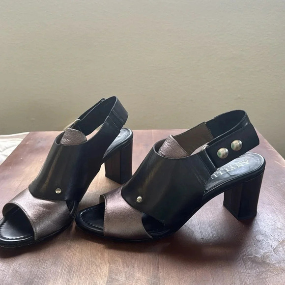 ANYI LU Handmade Italy Black & silver Metallic Leather Heel Size 8.5 slingback - Picture 3 of 14